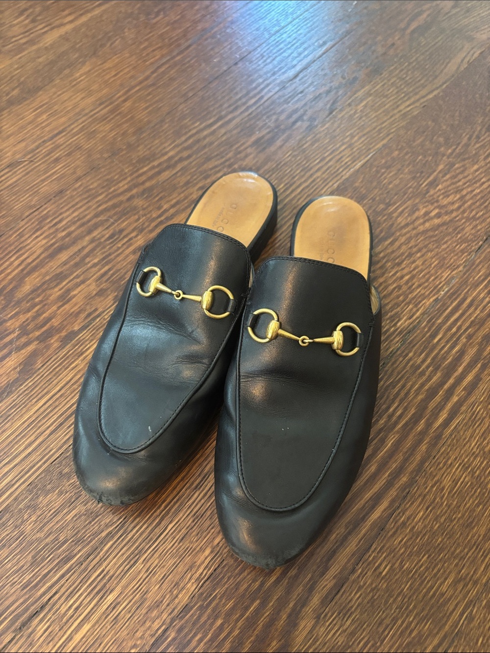 Gucci Black Leather Horsebit Mule Slides with Gold Hardware